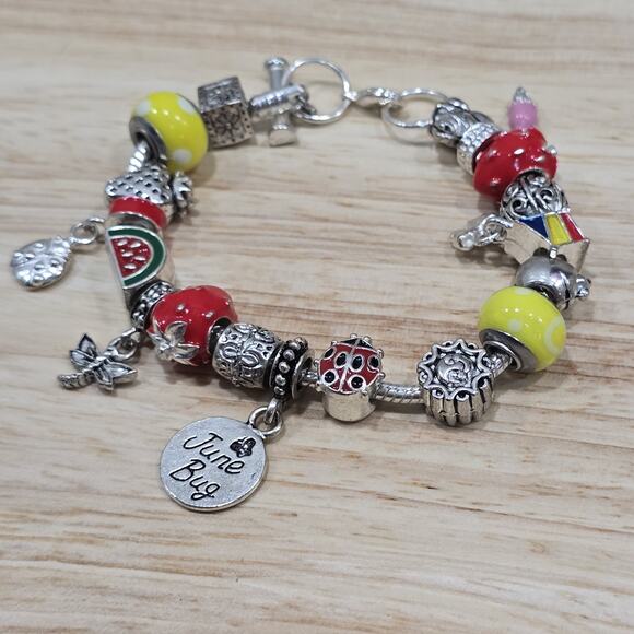Charm Bracelet June Bug Summer Bugs Kite Yellow European Beads Bee Ice Cream - Picture 2 of 9